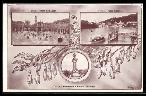 AK Torino, Piazza San Carlo, Ponte Isabella e Monumento a Vittorio Emanuele