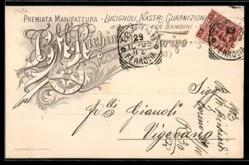 AK Torino, Cartolina pubblicitaria di manifattura nastri e guarnizioni per bambini
