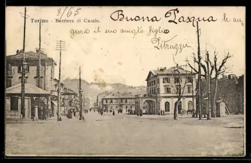 AK Torino, Barriera di Casale, Vista della strada principale con edifici storici e alberi spogli