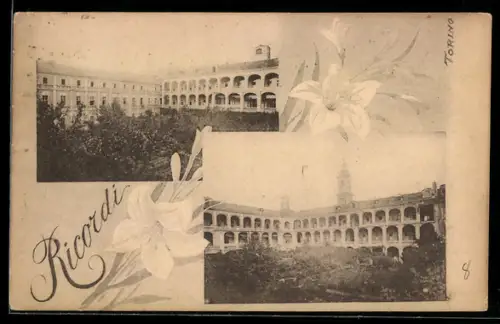 AK Torino, Vedute storiche di edifici con fiori decorativi