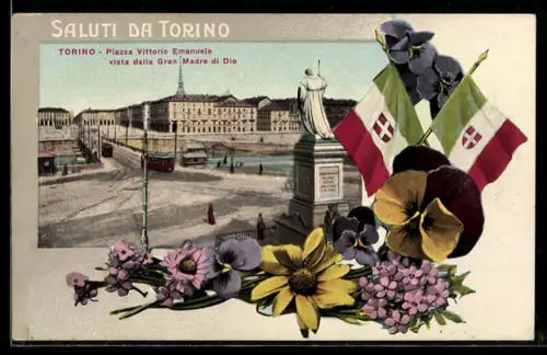 AK Torino, Piazza Vittorio Emanuele vista dalla Gran Madre di Dio con tram e fiori decorativi