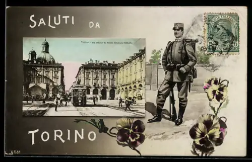 AK Torino, Via Milano da Piazza Emanuele Filiberto con tram e soldato