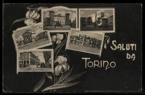 AK Torino, Collage di monumenti e fiori con saluti