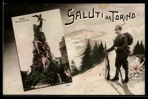 AK Torino, Monumento ai caduti e alpinista in montagna