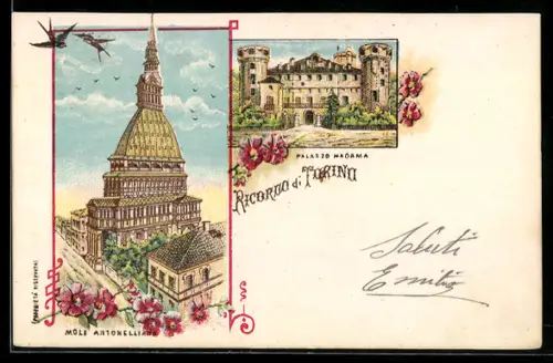 Lithographie Torino, Mole Antonelliana e Palazzo Madama fioriti
