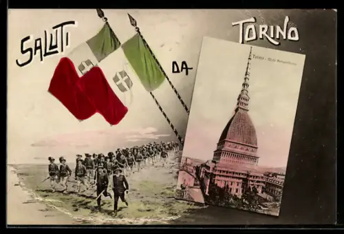 AK Torino, Saluti da Torino con bandiera e Mole Antonelliana