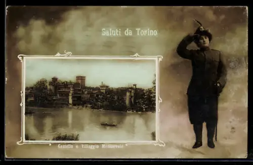 AK Torino, Castello e Villaggio Medioevale con figura militare