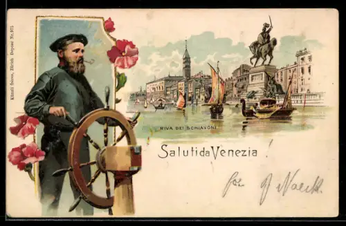 Lithographie Venezia, Riva dei Schiavoni con marinaio al timone e barche a vela