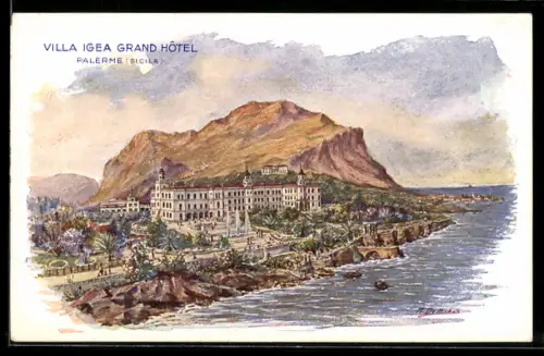 Künstler-AK Palermo, Sicile, Villa Igea Grand Hôtel con vista mare