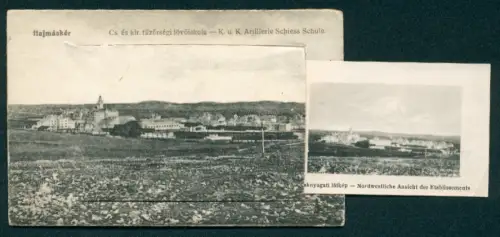 Leporello-AK Hajmáskér, Kommandogebäude, Festsaal des Casnio, Offene Reitschulen und Schnellfeuer-Geschütz