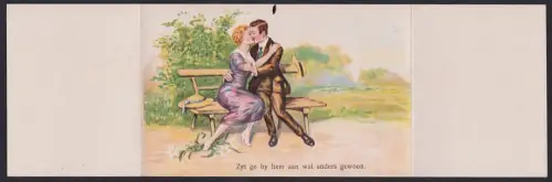 Mechanische-AK Drei Herren beobachten eine Dame, Dame mit Herr auf einer Parkbank