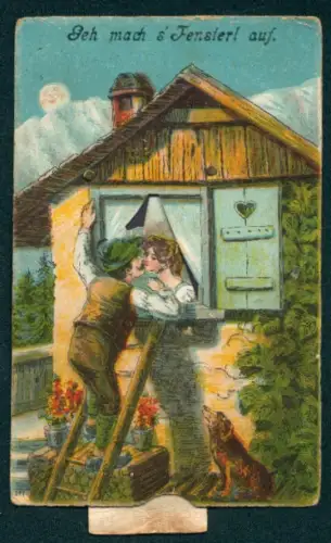 Mechanische-AK Mann am Fenster seiner Liebsten, Vorhang öffnet sich