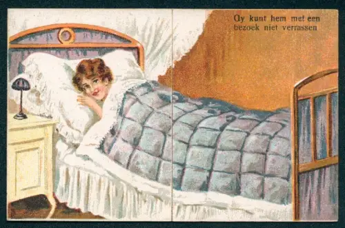 Mechanische-AK Dame liegt im Bett während ihre Unterwäsche trocknet