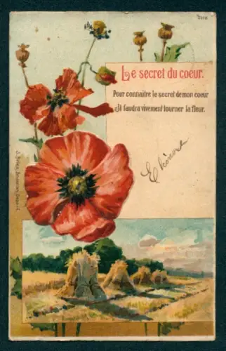 Mechanische-AK Le Secret du Coeur, Mohnblüte mit verdeckten Botschaften, Herbstliches Feld