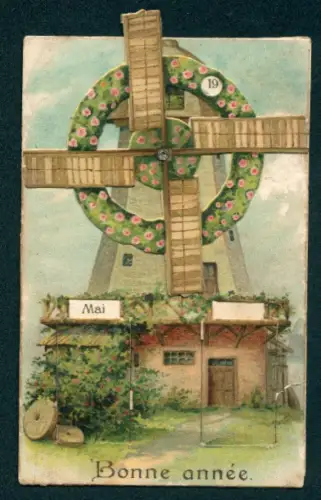 Mechanische-AK Windmühle mit Kalender unter drehbarem Rad, Neujahrsgruss