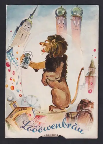 Mechanische-AK München, Löwenbräu-Keller, Löwe trinkt aus einem Bierkrug