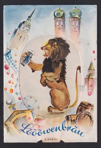 Mechanische-AK München, Löwenbräu-Keller, Löwe trinkt ein Bier