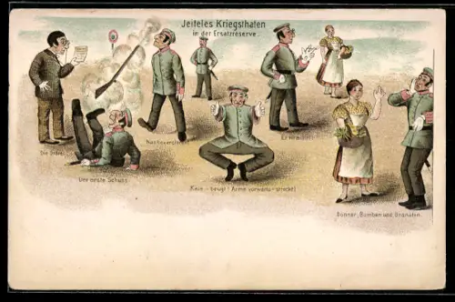 AK Jeiteles Kriegsthaten in der Ersatzreserve, Jüdischer Mann beim Militär, Antisemitische Darstellung