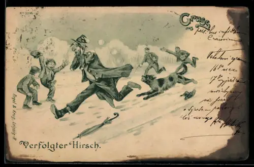 AK Kinder werfen Schneebälle nach einem Juden, Antisemitische Darstellung