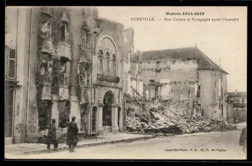 AK Luneville, Rue Castara et Synagogue apres l`incendie