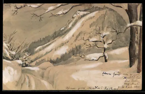 Künstler-AK Handgemalt: Reit i. Winkl, Verschneite Berglandschaft