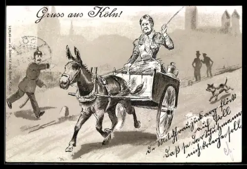 Künstler-AK Köln, Polizist verfolgt eine Frau in einem Eselskarren