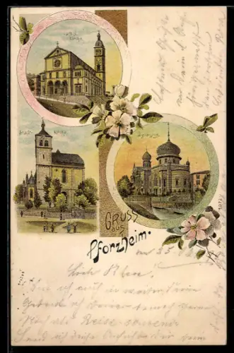 Lithographie Pforzheim, Synagoge, Stadtkirche, Kathol. Kirche