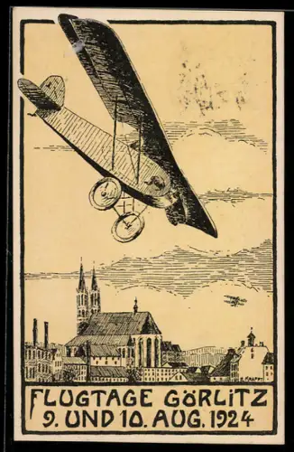 Künstler-AK Görlitz, Flugtage 9. und 10. August 1924, Flugzeug über der Stadt