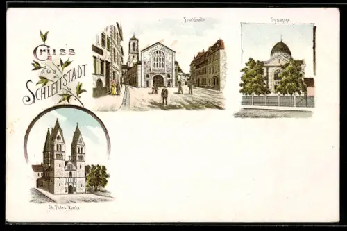 Lithographie Schlettstadt, Synagoge, Fruchthalle, St. Fides-Kirche