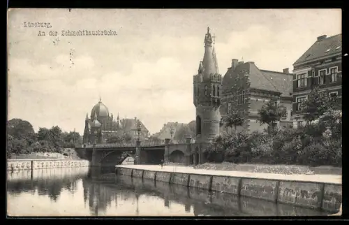 AK Lüneburg, Blick über die Schlachthausbrücke zur Synagoge