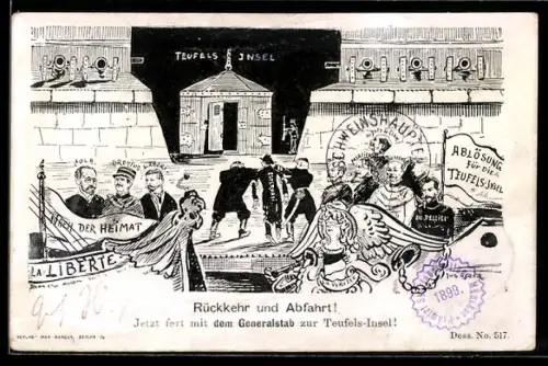 AK Rückkehr und Abfahrt, Jetzt fort mit dem Generalstab zur Teufels-Insel, Generalstab wird abgeführt, Dreyfus Affaire