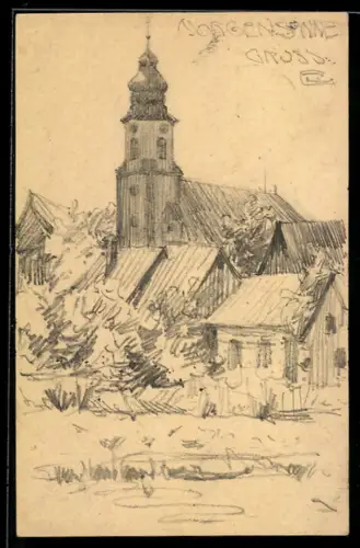 Künstler-AK Handgemalt sign. E. Langenbach: Karlsruhe, Morgensonne, Ortspartie mit Kirche