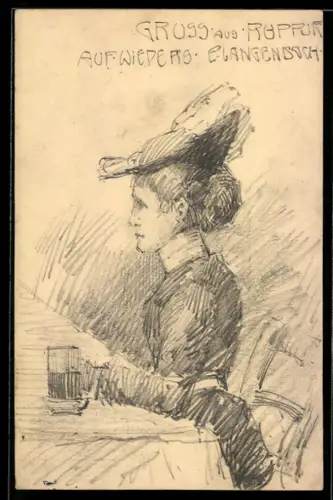 Künstler-AK Handgemalt sign. E. Langenbach: Karlsruhe, Elegante Dame sitzt mit Glas am Tisch