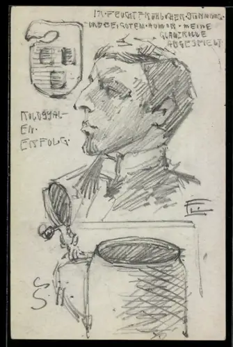 Künstler-AK Handgemalt sign. E. Langenbach: Karlsruhe, Herrenporträt mit Bierkrug, Wappen