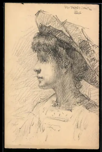Künstler-AK Handgemalt sign. E. Langenbach: Karlsruhe, Mädchen mit Hut im Profil