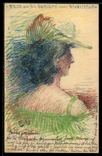 Künstler-AK Handgemalt sign. E. Langenbach: Karlsruhe, Dunkelhaarige Dame in grünem Kleid mit Hut