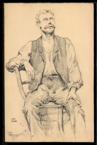 Künstler-AK Handgemalt sign. E. Langenbach: Karlsruhe, Sitzender Mann mit offener Weste