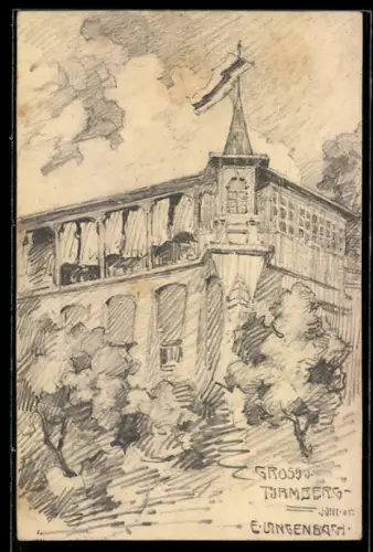 Künstler-AK Handgemalt sign. E. Langenbach: Karlsruhe, Gasthaus Turmberg mit Fahne