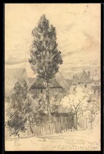 Künstler-AK Handgemalt sign. E. Langenbach: Karlsruhe-Grötzingen, Ortspartie mit Wohnhäusern