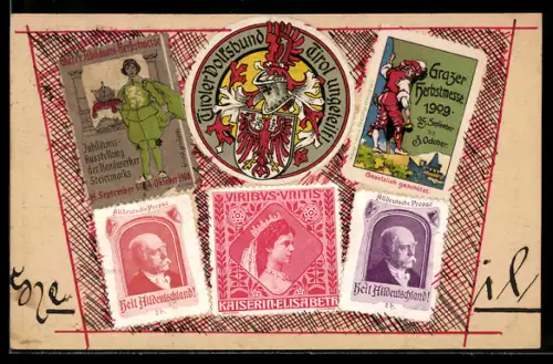 Handgemachte-Collage-AK Wappen vom Tiroler Volksbund mit geschmücktem Helm, Bismarck, Kaiserin Elisabeth