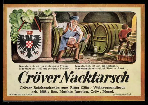 Handgemachte-Collage-AK Cröv /Mosel, Reklamemarke Cröver Nacktarsch, Wein, Mann versohlt einem Kind den Hintern
