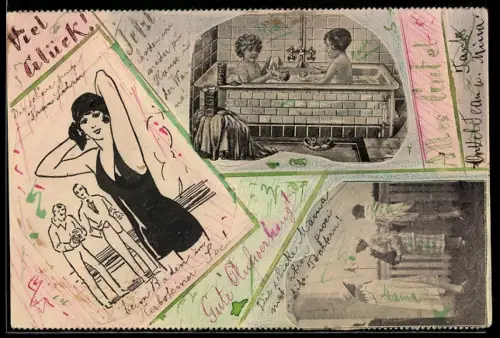 Handgemachte-Collage-AK Männer beobachten eine schöne Frau im Badeanzug, zwei Kinder in der Badewanne