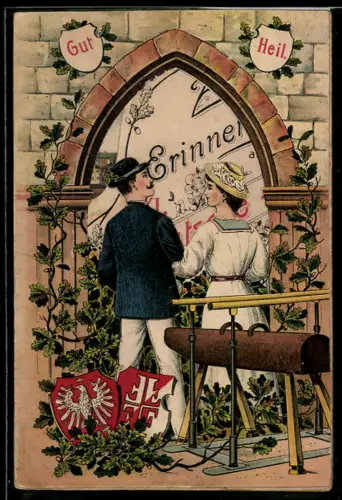 Mechanische-AK Frankfurt a. M., XI. Deutsches Turnfest 1908, Turnerpaar mit Fahne, Festhalle, Stadtansichten, F. L. Jahn