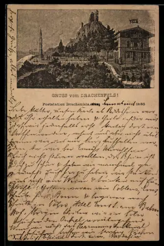 Vorläufer-AK Ganzsache PP6 F38 /011: Drachenfels, 1885, Gaststätte mit Besuchern, Blick zur Burg