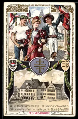 AK Ganzsache PP27 C105: Heilbronn a. N., 38. Landes-Turn-Fest 1909, Turner mit Fahnen und Wappen