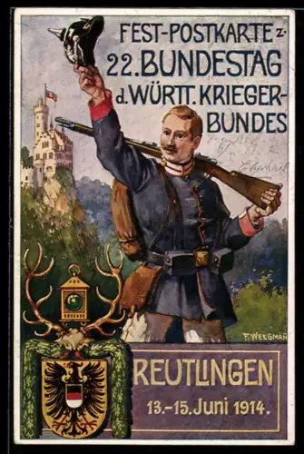 AK Ganzsache PP27 C257 /02: Reutlingen, 22. Bundestag d. Württ. Kriegerbundes 1914, Garde-Soldat mit Gewehr & Pickelhaub