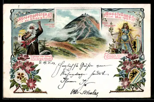 Lithographie Ganzsache PP27 C25: Leipzig, Riesengebirgs-Ausstellung 1903, R. G. V. Ortsgruppe, Wappen