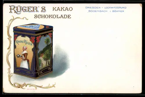 Lithographie Ganzsache PP20 B15 /02: Dresden, Reklame für Rüger`s Kakao Schokolade, Kakaodose