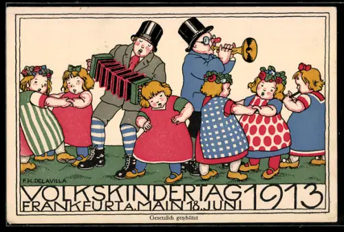 Künstler-AK Ganzsache PP27 C185 /03: Frankfurt, Volkskindertag 1913, Musikanten und tanzende Kinder
