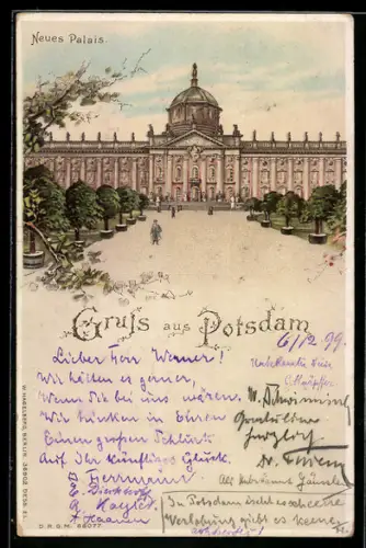 Lithographie Potsdam, Neues Palais mit leuchtenden Fenstern, Halt gegen das Licht